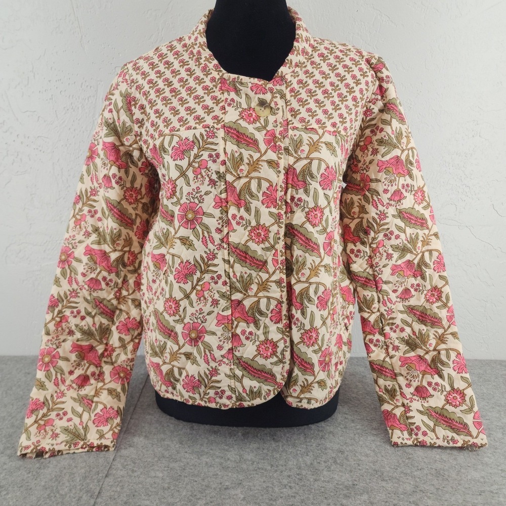Anthro dRA Cream Pink Floral Quilted Cotton Jacket Boho Cottagecore Womens Small